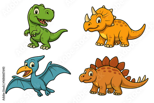 Set of cute baby dinosaurs. Cartoon vector collection. Funny prehistoric dino characters including T-Rex, Triceratops, Stegosaurus, and Pterodactyl. Isolated animal mascots.