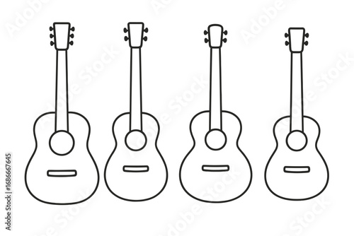 Acoustic guitar minimalist outline set. Various classic string instrument styles. Vector cartoon line art icon collection. Music sound graphic design element symbol simple.