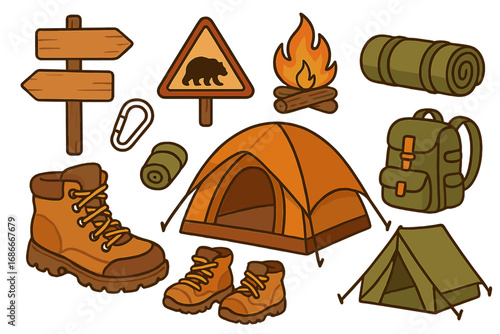 Camping and hiking equipment set. Vector cartoon collection of gear essentials like tent, backpack, boots, campfire, sleeping bag and signpost for outdoor adventure and travel.