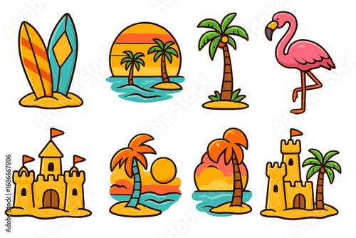 Summer beach elements set. Cartoon vector collection with surfboard, tropical palm tree, sunset, flamingo, sandcastle. Vacation travel holiday icon pack. Ocean sea fun stickers.