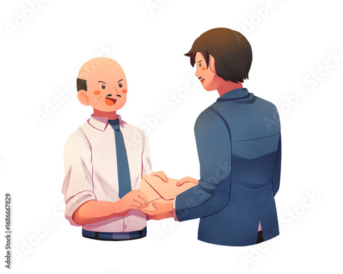Two businessmen engaged in a discreet transaction, exchanging a confidential envelope symbolizing bribery, corruption, or a secret deal