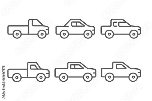 Set of six pickup truck vector icons. Minimalist linear style vehicle outlines for transport and automotive design. Simple car symbol collection for web and graphic elements.