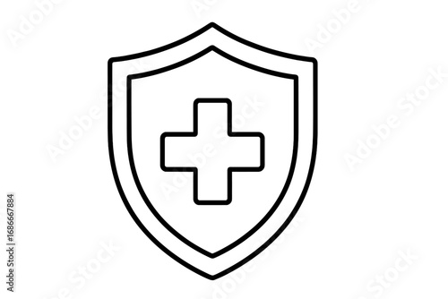 Medical shield icon with cross. Health protection, safety concept. Healthcare insurance symbol. Security and defense against disease. Immune system guard. Vector line art medicine.