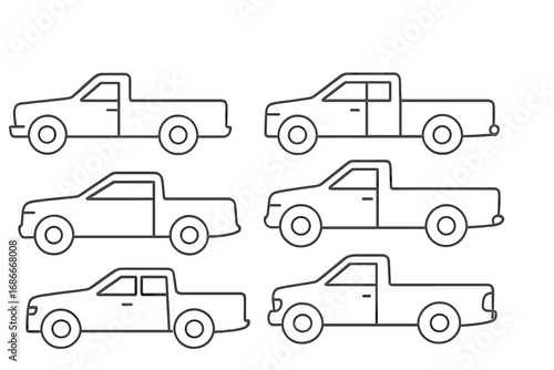 Minimalist pickup truck outlines collection. Set of six simplified car designs in a linear style. Vector illustration icon for transport and automotive concepts. Commercial vehicle.