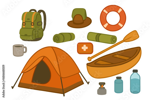 Camping and canoeing equipment icon set. Outdoor adventure and hiking gear essentials. Vector cartoon illustration collection. Tent boat backpack paddle lifebuoy first aid kit.