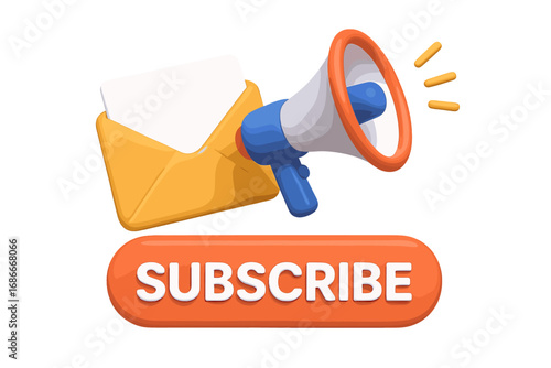 3D mail envelope and megaphone for newsletter subscription. Email marketing campaign and promotion announcement. Vector cartoon illustration with a subscribe button CTA icon design.
