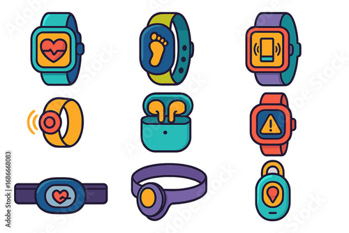 Flat vector icons of wearable technology. Smartwatch, fitness tracker, pedometer, heart rate monitor, GPS locator, alert system. Health, sport & safety cartoon devices set.
