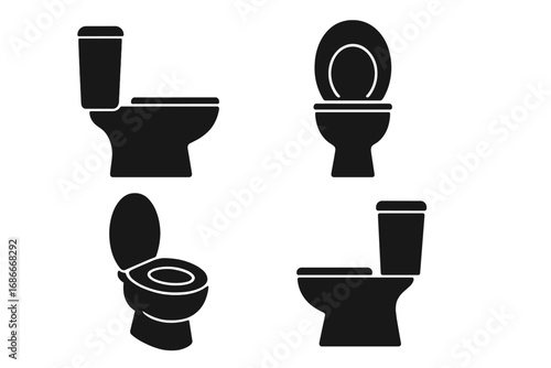 Black toilet silhouette vector icon set. Minimalist bathroom and restroom sign collection. WC, lavatory, and sanitary pictogram in various angles. Hygiene and plumbing symbol.