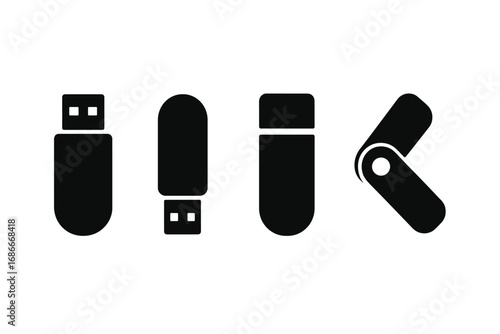 Minimalist USB flash drive icons set in black silhouette. Vector cartoon illustration of memory sticks and thumb drives. Portable data storage hardware symbol collection for web.