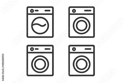 Washing machine line icons set. Home appliance, laundry service vector symbols. Minimalist illustration for laundromat, clean tech, household chores. Washer equipment graphic.