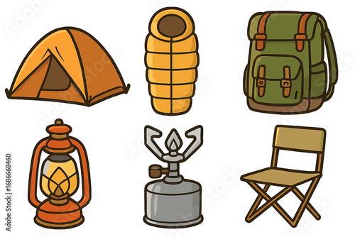 Camping equipment icon set. Vector cartoon illustration. Tourist gear for outdoor adventure. Tent, sleeping bag, backpack, stove, lantern, chair. Hiking. Travel. Isolated.