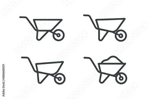 Wheelbarrow icon set vector line art. Minimalist outline graphic collection for garden, construction, and farm tools. Empty and full barrow symbol for building or agriculture.