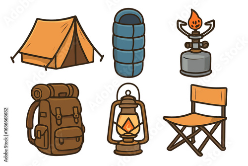Camping gear icon set. Vector cartoon illustration of outdoor adventure equipment. Includes tent, sleeping bag, backpack, lantern, stove, and chair. Hiking & travel items.