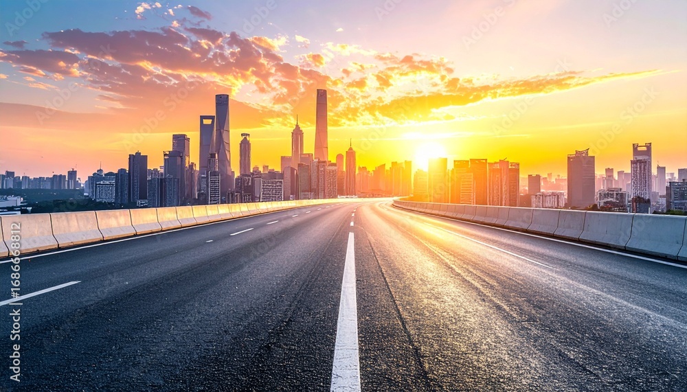 Fototapeta premium Road leading into city skyline at sunset with vibrant orange and yellow sky creating a sense of hope and new beginnings.