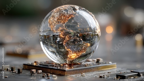 Fototapeta Naklejka Na Ścianę i Meble -  A clear glass globe, revealing illuminated continents, sits atop a computer chip