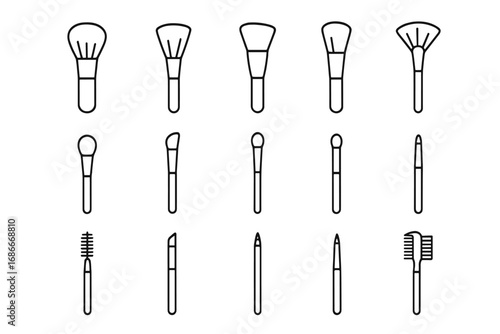 Makeup brush line icon set. Cosmetic tools collection for beauty, glamour. Vector outline graphic for web, apps. Powder, foundation, eyeshadow, eyeliner, brow & lash brushes.