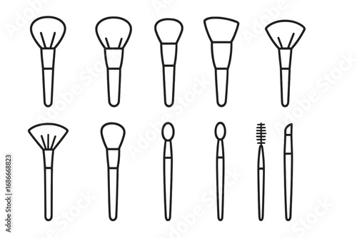Beauty line icon pack of cosmetic brushes. Makeup artist tools set. Outline symbols for graphic web design, apps. Powder, foundation, eyeshadow, fan, blending brush vector.