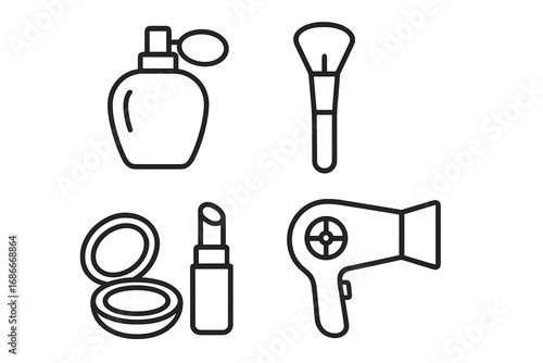 Beauty and cosmetics simple outline icon set. Linear vector symbols including perfume, makeup brush, lipstick, powder, and hairdryer for graphic design, web, app, salon, or spa.