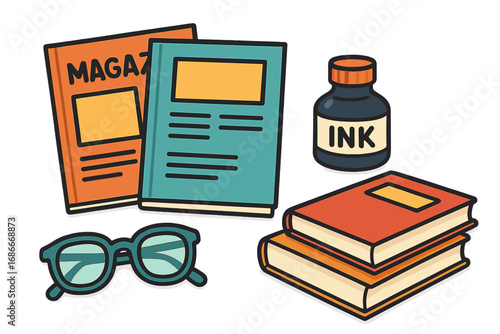 Writer and reader icon set. Vector collection of stationery with books, magazine, ink bottle, glasses. Concept for education, study, literature, knowledge. Cartoon illustration.