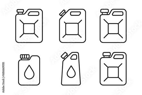 Set of outline jerry can icons. Minimalist vector illustration for fuel, gasoline, and liquid storage. Canister symbol for petrol, diesel, oil. Industrial container concept.