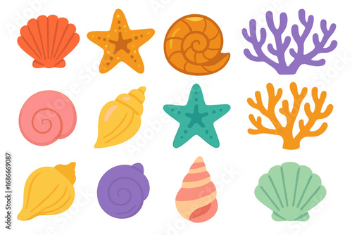 Colorful sea life set. Collection of various seashells, starfish, coral. Flat design cartoon vector illustration. Marine, ocean, underwater, beach, summer nature elements. Icons.