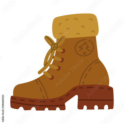 Women's hiking shoes. Flat isolated color illustration. Necessary item for hiking. Universal leather off-road shoes. Clothing for comfort. Design for postcards. Picnics, hiking, camping