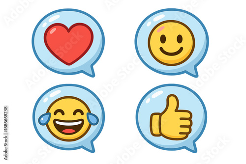 Social media emoji reaction vector icon set. Cartoon illustration of like, love, heart, smile, and haha laughing face emoticons in speech bubbles for chat and communication.