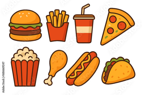 Fast food icon collection. Vector set of colorful popular junk food. Cartoon illustration in flat design style. Hamburger, pizza, french fries, hot dog, soda, taco, chicken.