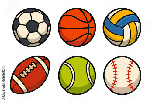 Sports balls vector icon set. Cartoon illustration collection of soccer, basketball, football, baseball, volleyball, tennis. Sport equipment for game, isolated design element.