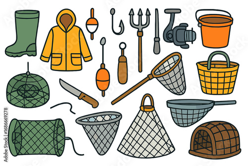 Fishing and aquaculture tools collection. Vector cartoon set with fisherman equipment: net, trap, hook, reel, boot, raincoat. Marine harvesting and fishery gear icons.