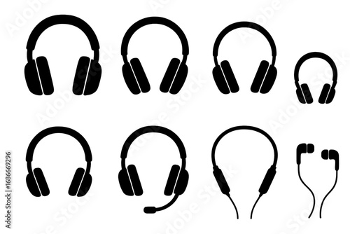 Headphone silhouette set. Various headphones, earphones, earbuds, gaming headset icons. Music, audio, sound, DJ, podcast, call center symbols. Vector graphic element collection.