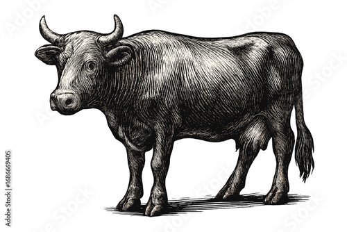 Cow engraving vector illustration. Vintage woodcut style drawing of a farm animal. Detailed black and white cattle sketch for agriculture, beef, and dairy industry concepts.