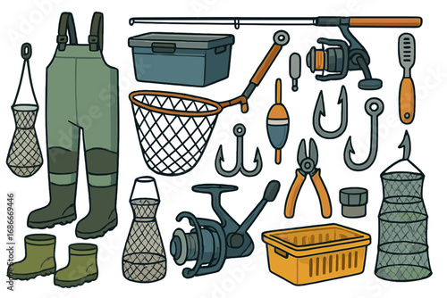 Vector cartoon set of fishing equipment. Big collection of fish tackle and gear icons. Fisherman tools, rod, reel, hook, net, float, waders, boots. Angling hobby concept.
