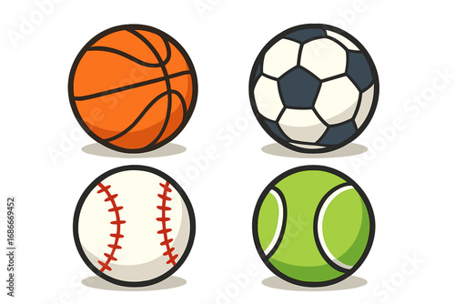 Sports balls vector cartoon collection. Basketball, soccer, baseball, and tennis ball icons. Minimalist illustration set for game, activity, and fitness design concepts.