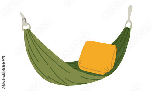 Green fabric hammock with pillow. Flat color isolated illustration. Necessary item for camping. Comfortable thick fabric for hanging on trees, relaxing. Design for postcards. Picnics, hikes, camping