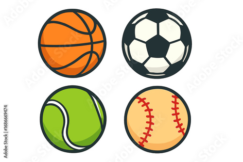 Sports balls icon set. Basketball, football, baseball, tennis. Flat cartoon vector illustration. Minimalist graphic design element for sport, game, competition, and team concepts.