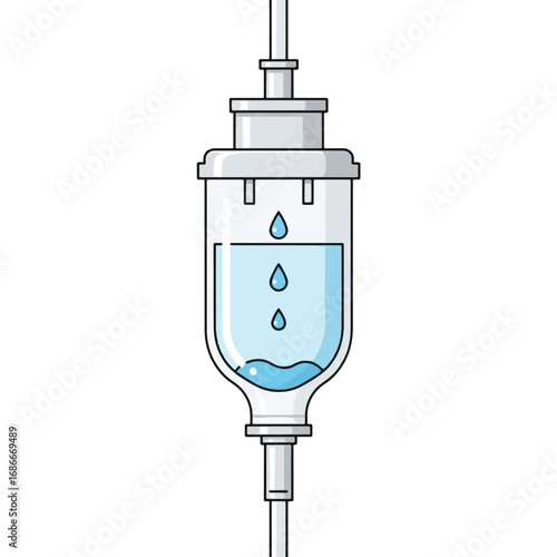 Vector illustration of an intravenous drip chamber with blue liquid dripping inside, isolated on a white background.