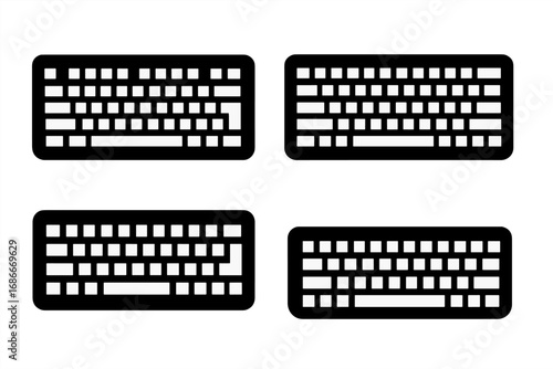 Set of computer keyboard black silhouettes. Vector icons of PC input device. Office equipment for typing, work, and coding. Technology concept. Digital computer hardware tool.