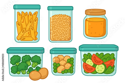 Meal prep concept with food in containers. Kitchen organization and food storage. Healthy eating ingredients set. Pantry with pasta, grains, salad, chicken. Vector illustration.