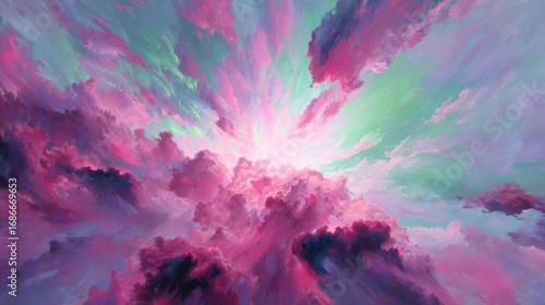 Abstract pink and purple watercolor clouds with flowers in a summer sky background
