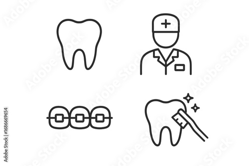 Dentistry line icon set. Dental care, orthodontics concept. Vector icons of tooth, dentist, braces, cleaning. Oral hygiene. Minimalistic linear pictogram for web, app, UI.