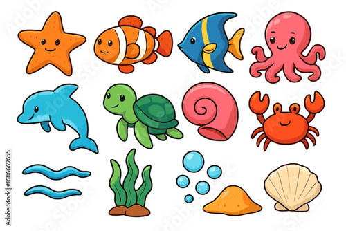 Marine life icon set. Cute sea animal cartoon characters. Ocean underwater collection. Kawaii fish, octopus, turtle, dolphin, crab, starfish, shell. Vector pack for kids design.