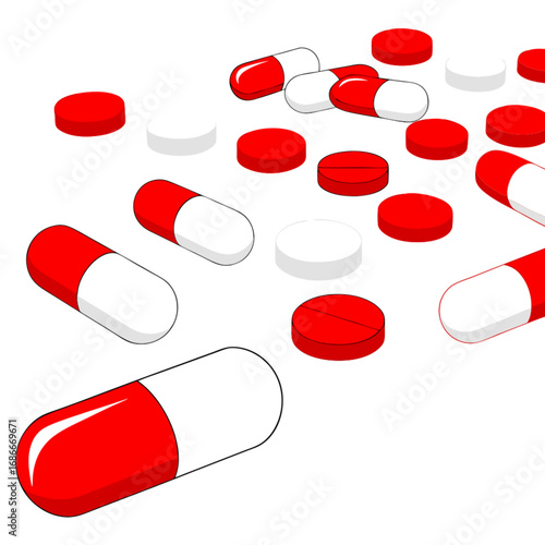 A collection of red and white pharmaceutical pills for healthcare treatment