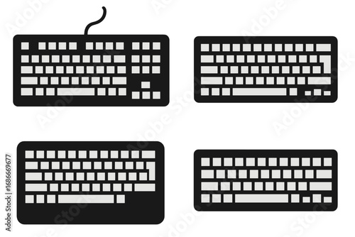 Computer keyboard vector icons set. Black silhouette style illustration. PC keypad collection. Input device for typing. Technology, business, office, work from home concept.