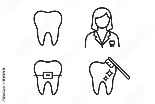 Dental care icon set vector. Tooth, dentist, braces, cleaning line icons. Dentistry, orthodontics, hygiene concepts. Minimalist linear pictograms for medical and web design.