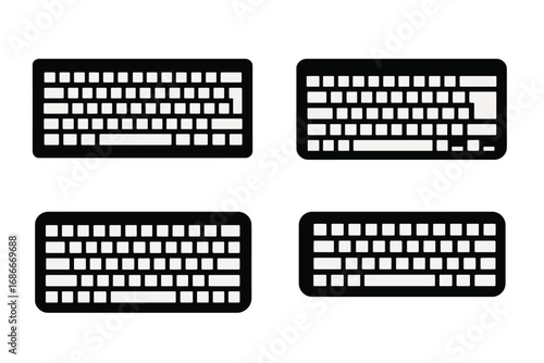 Vector set of computer keyboard silhouettes. Black icon collection of different keypad layouts for PC. Technology input device for typing. Digital electronic equipment graphic symbol.