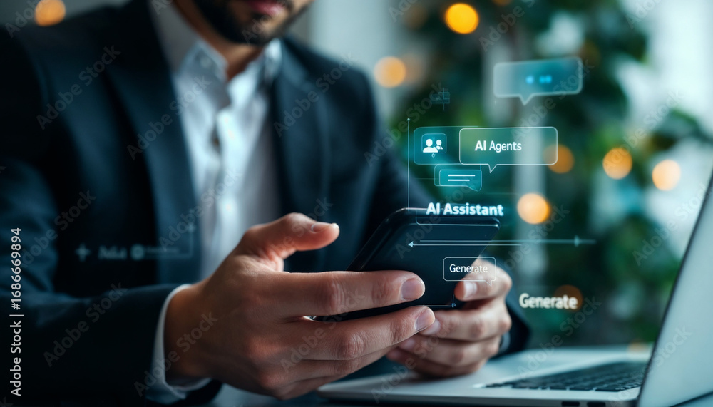 custom made wallpaper toronto digitalBusinessman holding smartphone with glowing AI interface overlay.