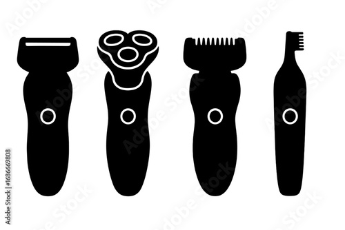 Set of electric shaver and trimmer silhouettes for grooming and personal care. Vector icons for barbershop, hygiene, and men's beauty products. Hair removal and shaving concept.