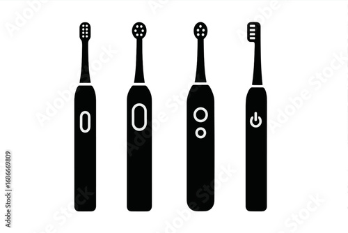 Set of electric toothbrushes in minimal silhouette style. Vector icon collection for dental care and oral hygiene. Different models of electronic toothbrush devices isolated.