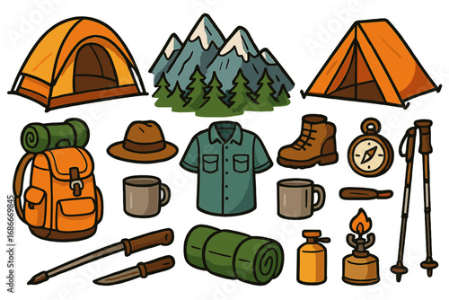 Camping gear and hiking essentials icon set. Outdoor adventure and travel equipment collection. Vector cartoon illustration with tent, mountains, backpack, boots, and compass.
